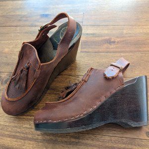 No. 6 Crowley Tassel Wedge Slingback Clogs Acorn Brown Women’s Size 39 / 8.5